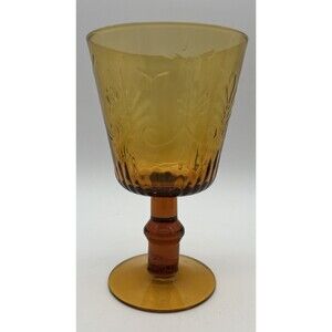 Vintage Amber "Circleware" Glass Water Wine Goblet Made in China Fleur de lis